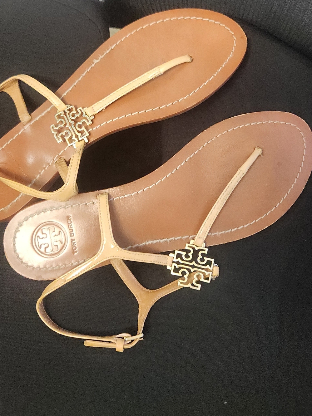 Tory Burch Tan Leather Logo Thong Sandals with Gold Emblem